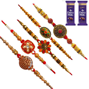 5 Rakhi - Pearls and Beads Rakhis With Chocolate Box