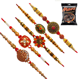 5 Rakhi - Pearls and Beads Rakhis With Chocolate Box