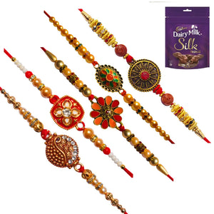 5 Rakhi - Pearls and Beads Rakhis With Chocolate Box