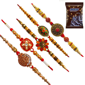 5 Rakhi - Pearls and Beads Rakhis With Chocolate Box