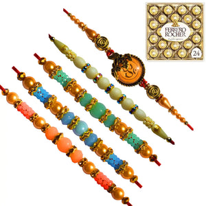 5 Rakhi - Pretty Pearl and Beads Rakhi With Chocolates BOX.