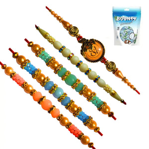5 Rakhi - Pretty Pearl and Beads Rakhi With Chocolates BOX.