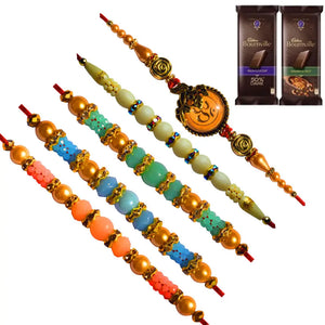 5 Rakhi - Pretty Pearl and Beads Rakhi With Chocolates BOX.