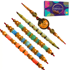 5 Rakhi - Pretty Pearl and Beads Rakhi With Chocolates BOX.