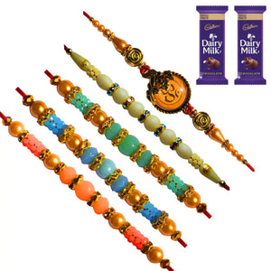5 Rakhi - Pretty Pearl and Beads Rakhi With Chocolates BOX.