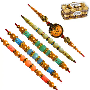 5 Rakhi - Pretty Pearl and Beads Rakhi With Chocolates BOX.