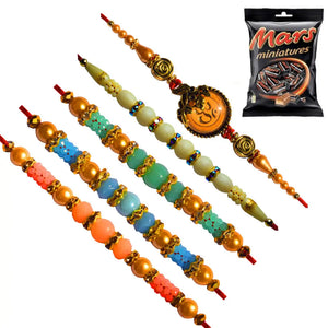 5 Rakhi - Pretty Pearl and Beads Rakhi With Chocolates BOX.