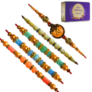 5 Rakhi - Pretty Pearl and Beads Rakhi With Chocolates BOX.