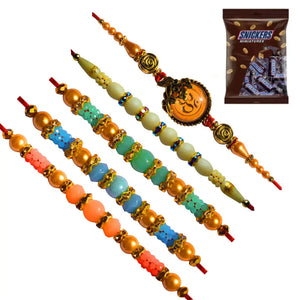 5 Rakhi - Pretty Pearl and Beads Rakhi With Chocolates BOX.