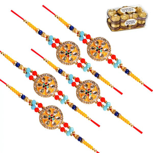 5 Rakhi - Round Pendant Rakhi With Chocolate Box