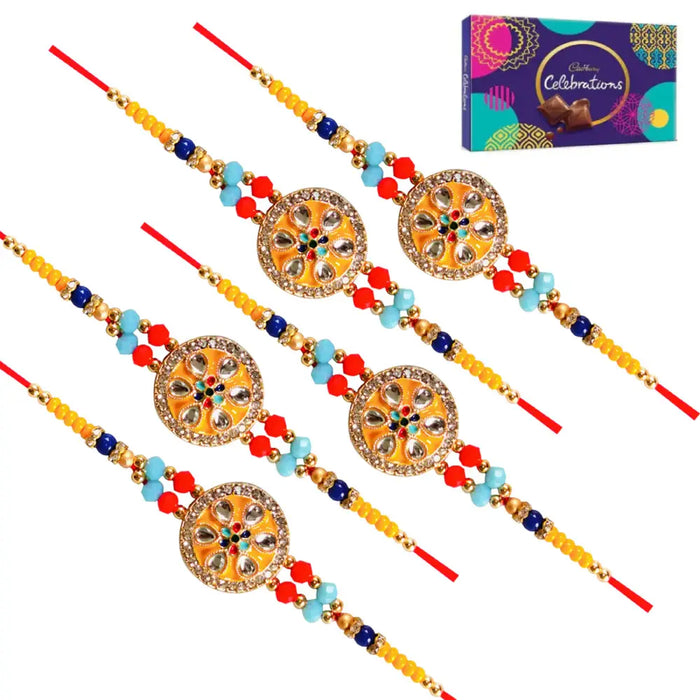 5 Rakhi - Round Pendant Rakhi With Chocolate Box
