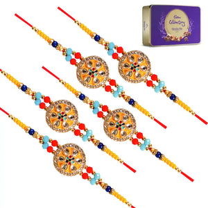 5 Rakhi - Round Pendant Rakhi With Chocolate Box