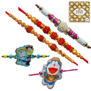 5 Rakhi - Rudraksh Pearls and Doraemon Rakhis With Chocolate Box