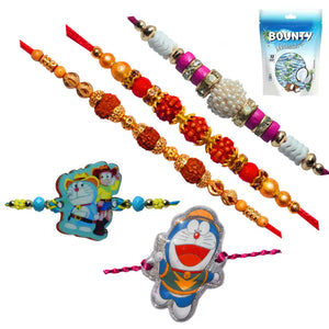 5 Rakhi - Rudraksh Pearls and Doraemon Rakhis With Chocolate Box