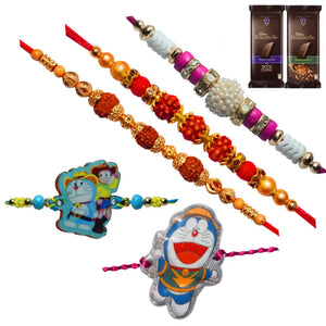5 Rakhi - Rudraksh Pearls and Doraemon Rakhis With Chocolate Box
