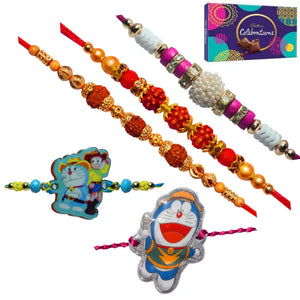 5 Rakhi - Rudraksh Pearls and Doraemon Rakhis With Chocolate Box