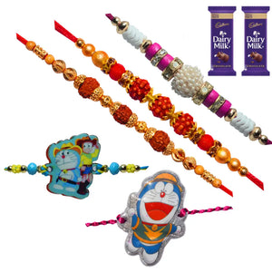 5 Rakhi - Rudraksh Pearls and Doraemon Rakhis With Chocolate Box