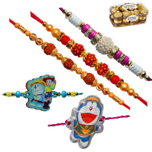 5 Rakhi - Rudraksh Pearls and Doraemon Rakhis With Chocolate Box