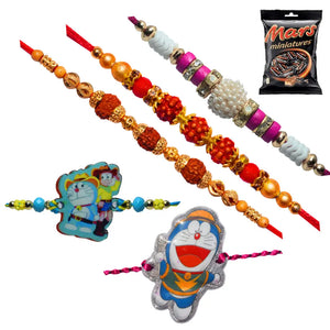 5 Rakhi - Rudraksh Pearls and Doraemon Rakhis With Chocolate Box