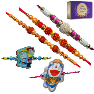 5 Rakhi - Rudraksh Pearls and Doraemon Rakhis With Chocolate Box
