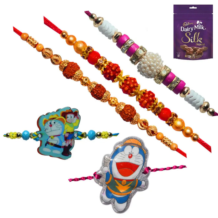 5 Rakhi - Rudraksh Pearls and Doraemon Rakhis With Chocolate Box