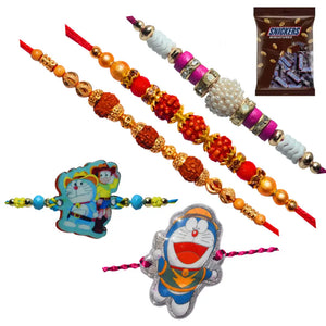 5 Rakhi - Rudraksh Pearls and Doraemon Rakhis With Chocolate Box