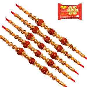 5 Rakhi - Rudraksh Rakhi Set With Indian Sweets