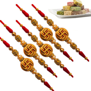 5 Rakhi - Swastik Rakhis With Indian Sweets