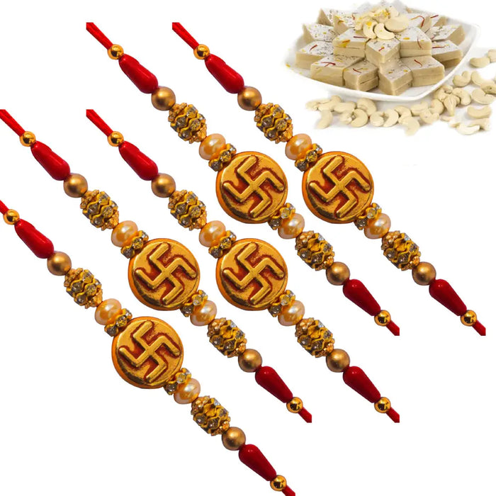 5 Rakhi - Swastik Rakhis With Indian Sweets