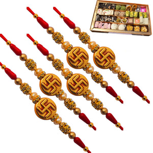 5 Rakhi - Swastik Rakhis With Indian Sweets