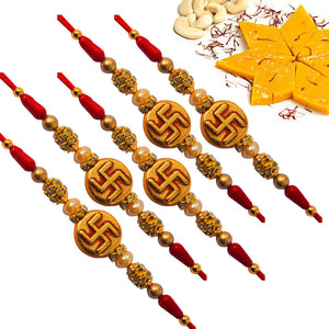 5 Rakhi - Swastik Rakhis With Indian Sweets