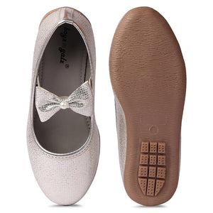 Girls Silver Synthetic Bow Applique Ballerinas