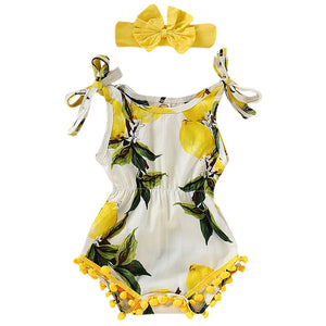 Baby Girls Cotton Lemon Print Sleeveless Onesie with Headband in Yellow Color