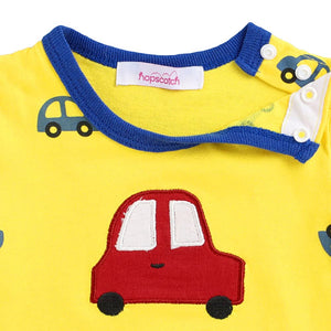 Unisex Cotton Vehicle Print Romper In Yellow Color
