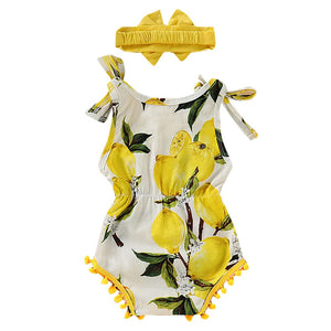 Baby Girls Cotton Lemon Print Sleeveless Onesie with Headband in Yellow Color