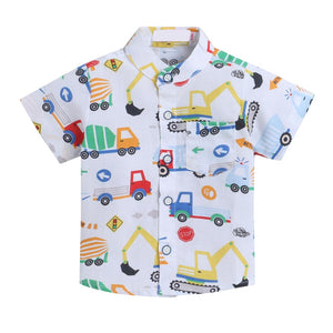 Hopscotch Boys Cotton Vehicle Print Shirt And Shorts Set In White Color