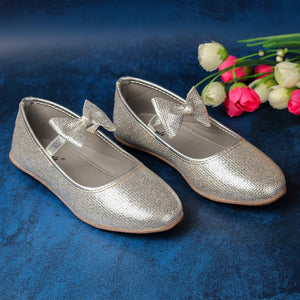 Girls Silver Synthetic Bow Applique Ballerinas