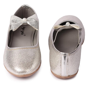 Girls Silver Synthetic Bow Applique Ballerinas