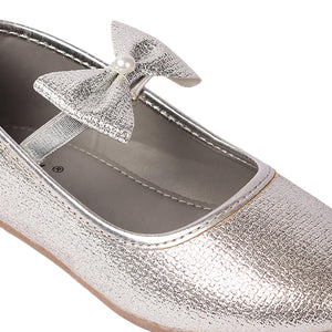 Girls Silver Synthetic Bow Applique Ballerinas