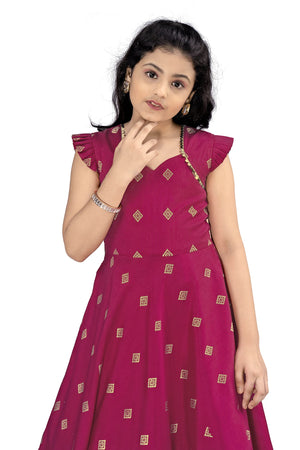 Jwalin Girls Maxi Length Flared Ethnic Dress | Long Fit and Flare Dress for Kids