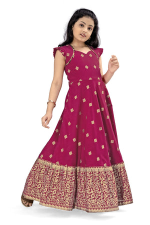 Jwalin Girls Maxi Length Flared Ethnic Dress | Long Fit and Flare Dress for Kids