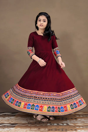 Jwalin Girls Maxi Length Flared Ethnic Dress | Long Fit and Flare Dress for Kids