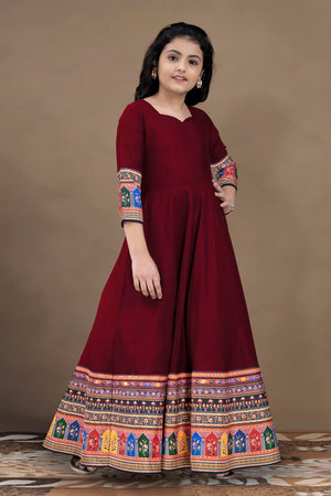 Jwalin Girls Maxi Length Flared Ethnic Dress | Long Fit and Flare Dress for Kids