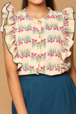 Fashion Dream Girl’s Cream American BSY Top with Rayon Pant Clothing Set
