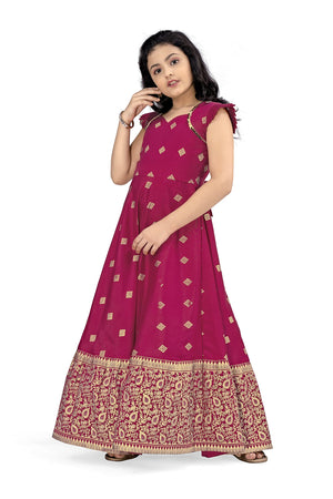 Jwalin Girls Maxi Length Flared Ethnic Dress | Long Fit and Flare Dress for Kids