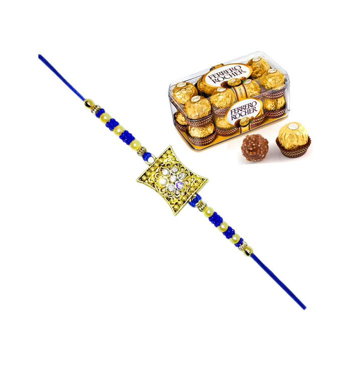 1 Rakhi - Blue Rakhi With Ferrero Rocher Chocolate Box Or Kaju Katli