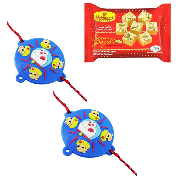 2 Rakhi - Doraemon and Chota Bheem Rakhi With Soan Papdi