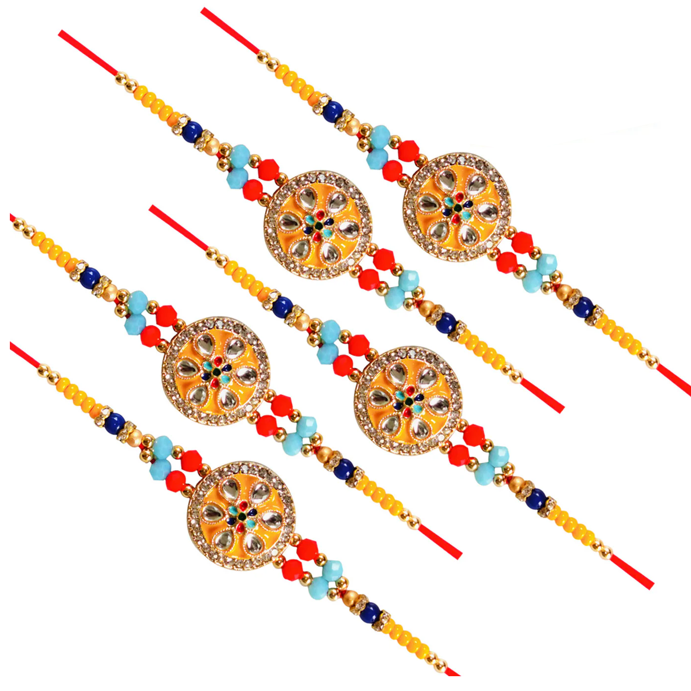 Round Rakhi Gold 5 Rakhi - Round Pendant Rakhi Set – Rakhi Stores