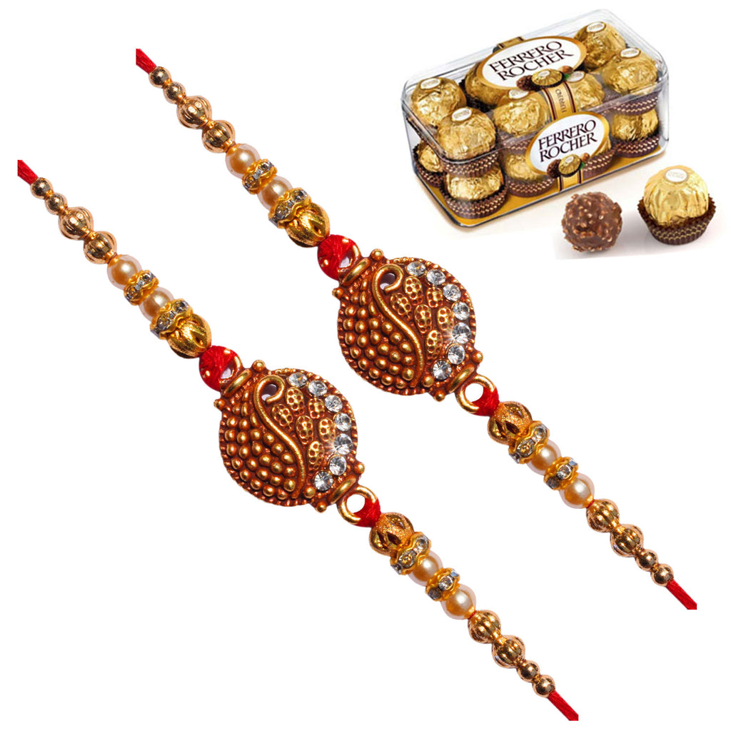 2 Rakhi - Beautiful Pendant Rakhi Set with Ferrero Rocher Box Or Kaju Katli