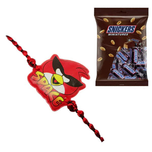 1 Rakhi - Angry Bird Kids Rakhi With Snicker Miniature Chocolate Pack of 12 Pcs.